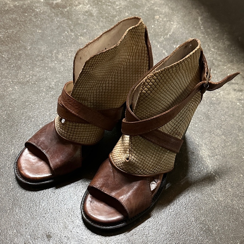 Freebird by Steven Brown and Tan Open-Toe Heeled Boots
